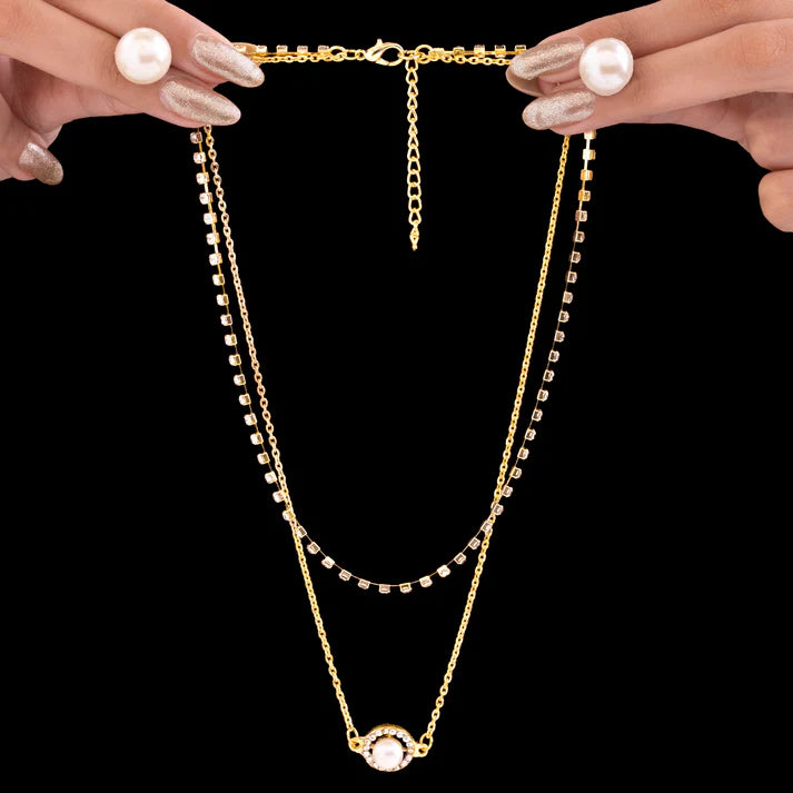 JWELLIX  Anti-Tarnish Double Layer Pearl Necklace & Stud Earrings Set