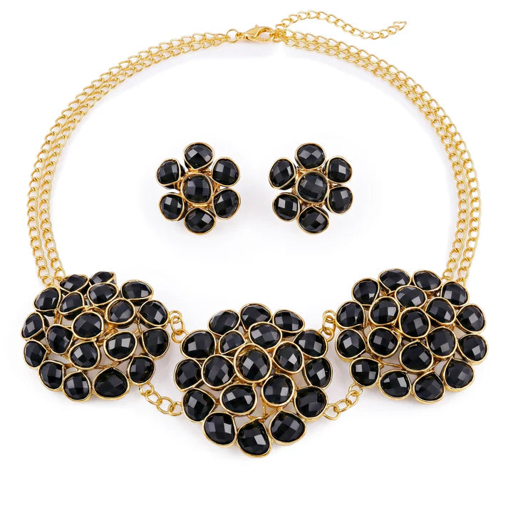 JWELLIX Black Crystal Golden Choker Necklace Set With Earrings