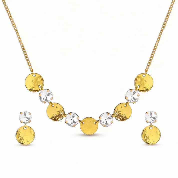 JWELLIX Golden Crystal Disc Necklace & Earrings Set