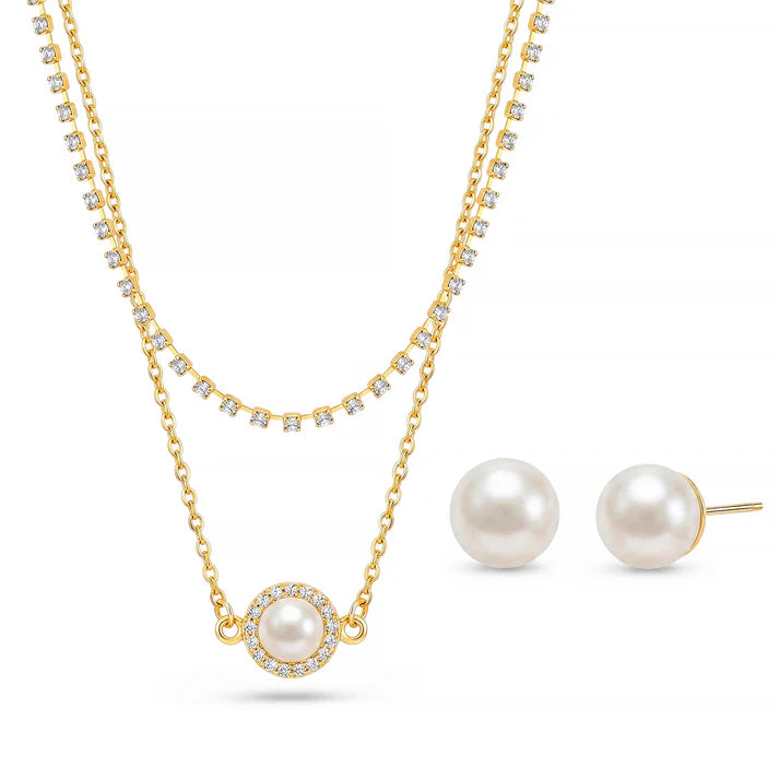 JWELLIX  Anti-Tarnish Double Layer Pearl Necklace & Stud Earrings Set