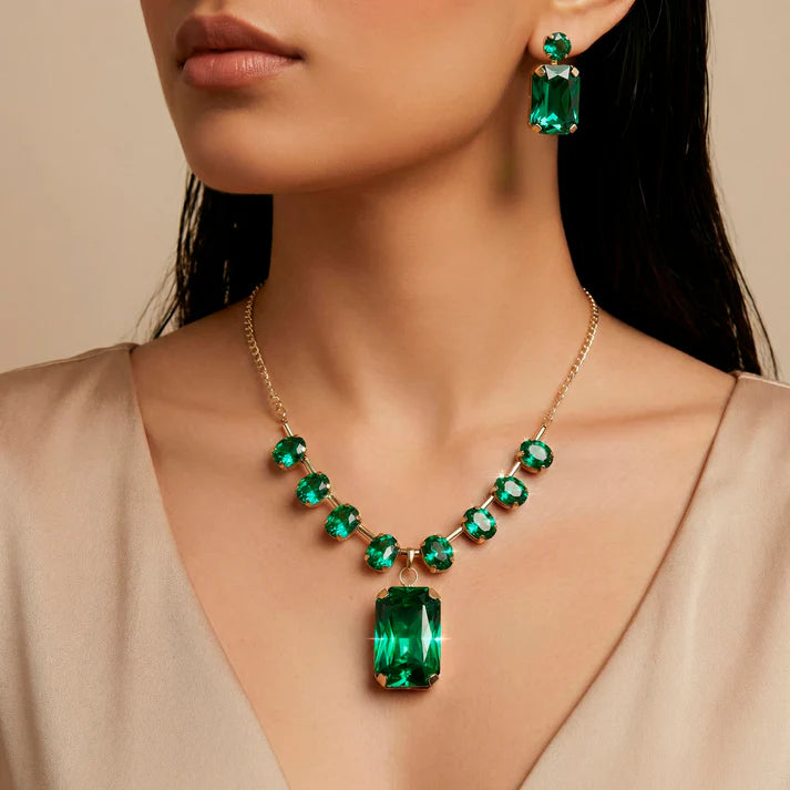 JWELLIX Anti-Tarnish Emerald Necklace Set With Earrings