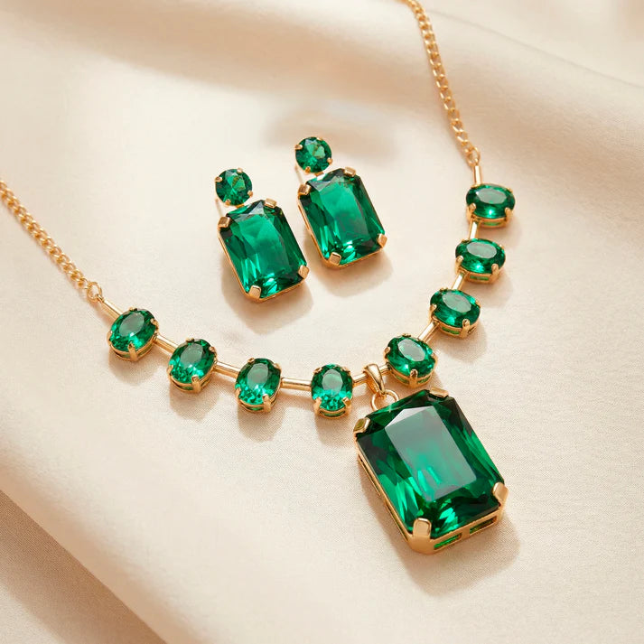 JWELLIX Anti-Tarnish Emerald Necklace Set With Earrings