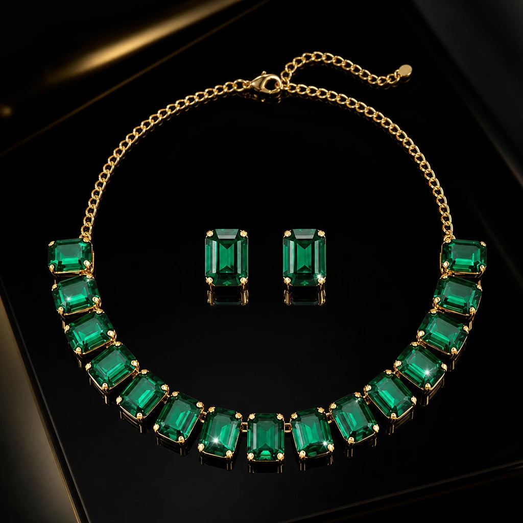 JWELLIX Anti-Tarnish Emerald Crystal Necklace Set With Earrings