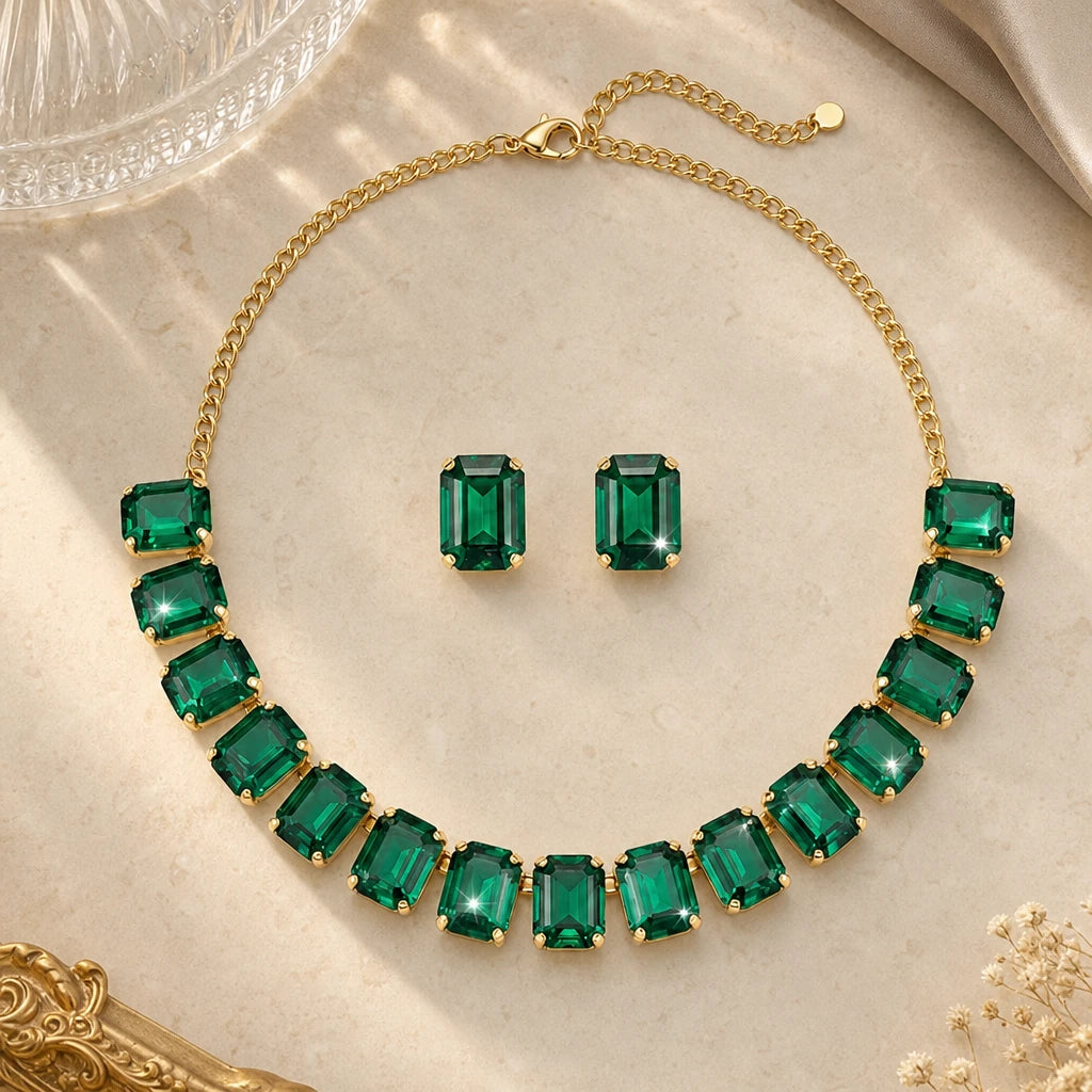 JWELLIX Anti-Tarnish Emerald Crystal Necklace Set With Earrings