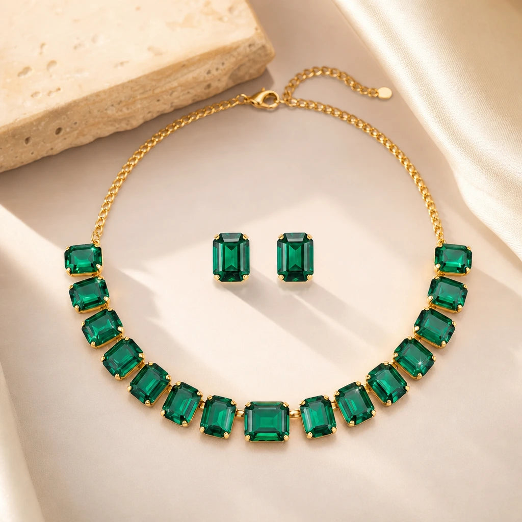 JWELLIX Anti-Tarnish Emerald Crystal Necklace Set With Earrings