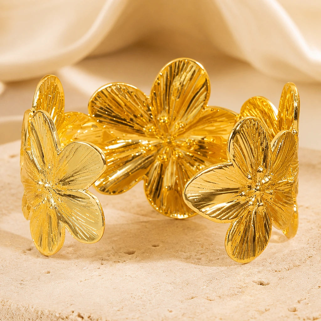 JWELLIX Luxury Gold Floral Cuff Bracelet