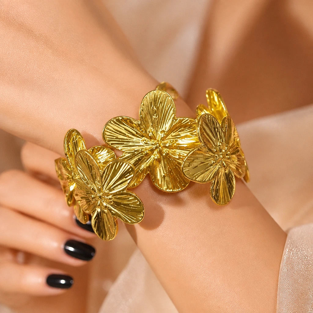 JWELLIX Luxury Gold Floral Cuff Bracelet