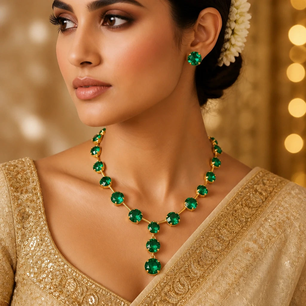 JWELLIX Anti-Tarnish Emerald Crystal Necklace Set With Earrings