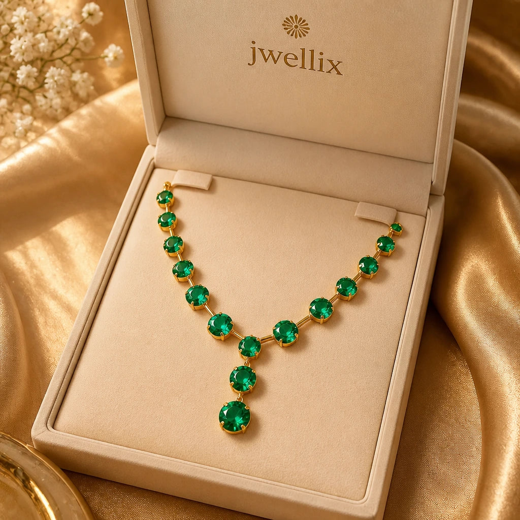 JWELLIX Anti-Tarnish Emerald Crystal Necklace Set With Earrings