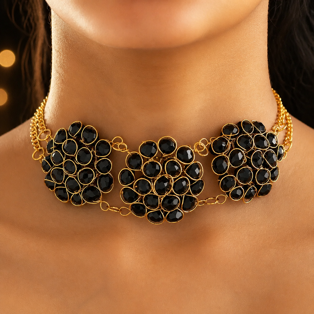 JWELLIX Black Crystal Golden Choker Necklace Set With Earrings