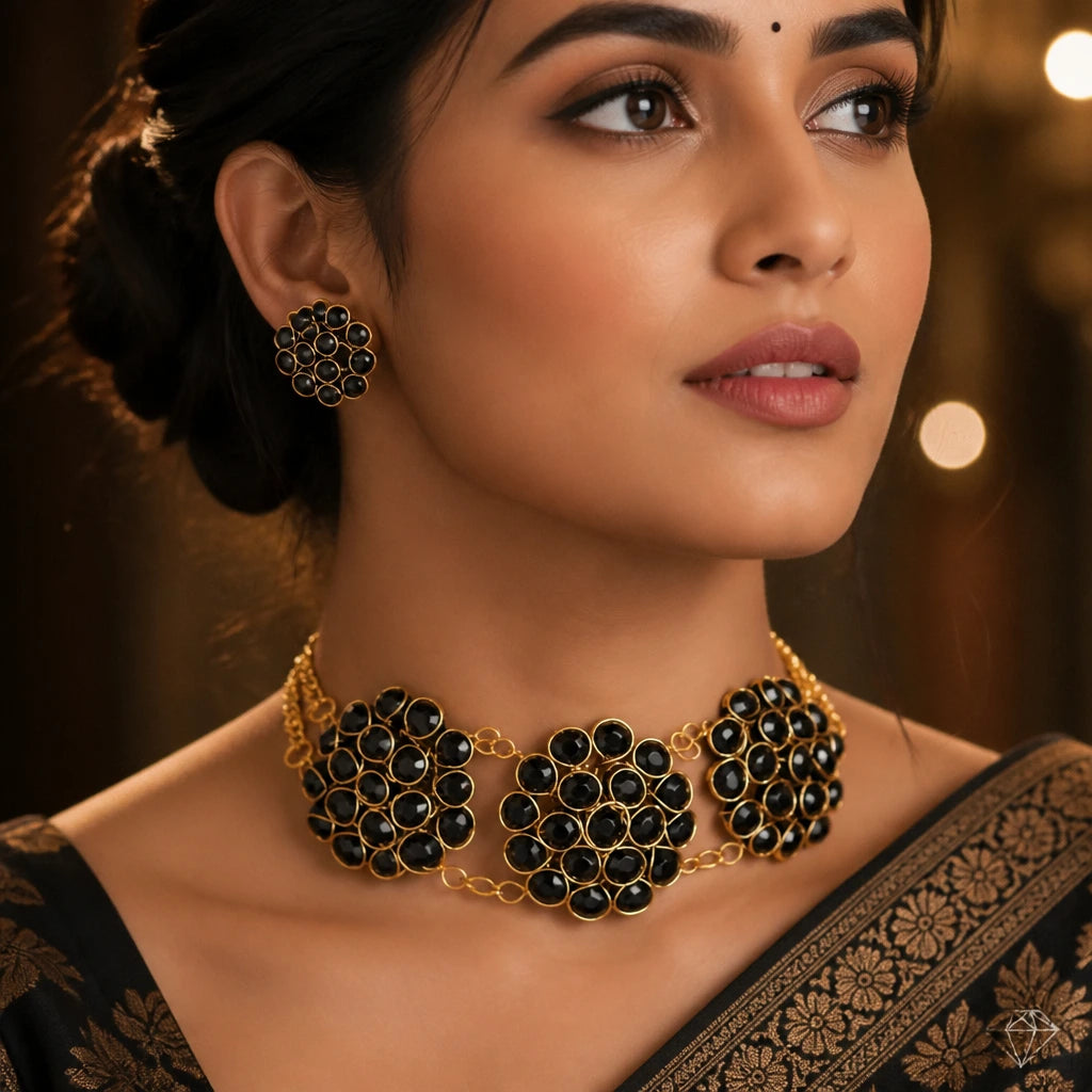 JWELLIX Black Crystal Golden Choker Necklace Set With Earrings