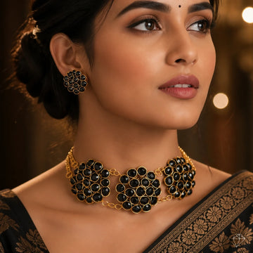 JWELLIX Black Crystal Golden Choker Necklace Set With Earrings