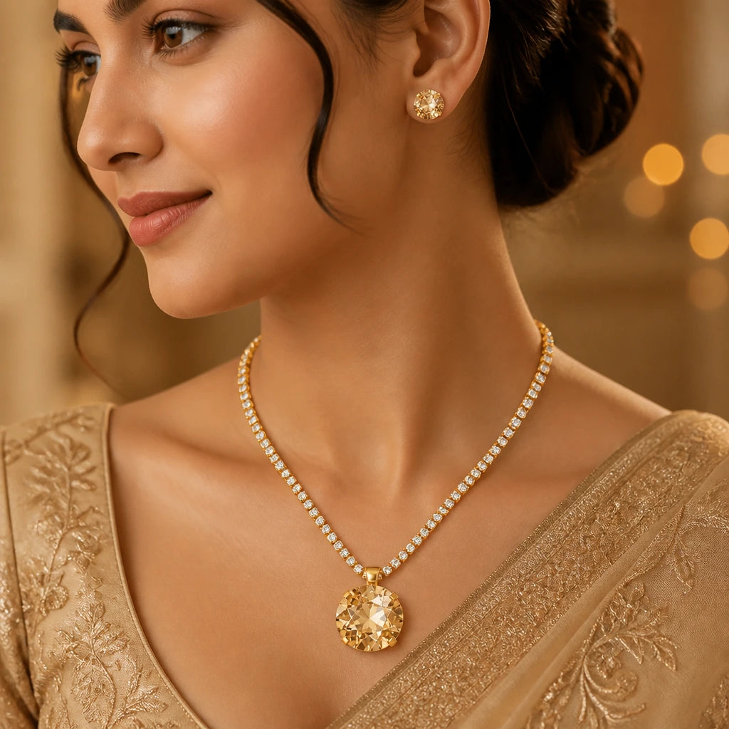 JWELLIX Champagne Crystal Pendant Necklace Set With Earrings