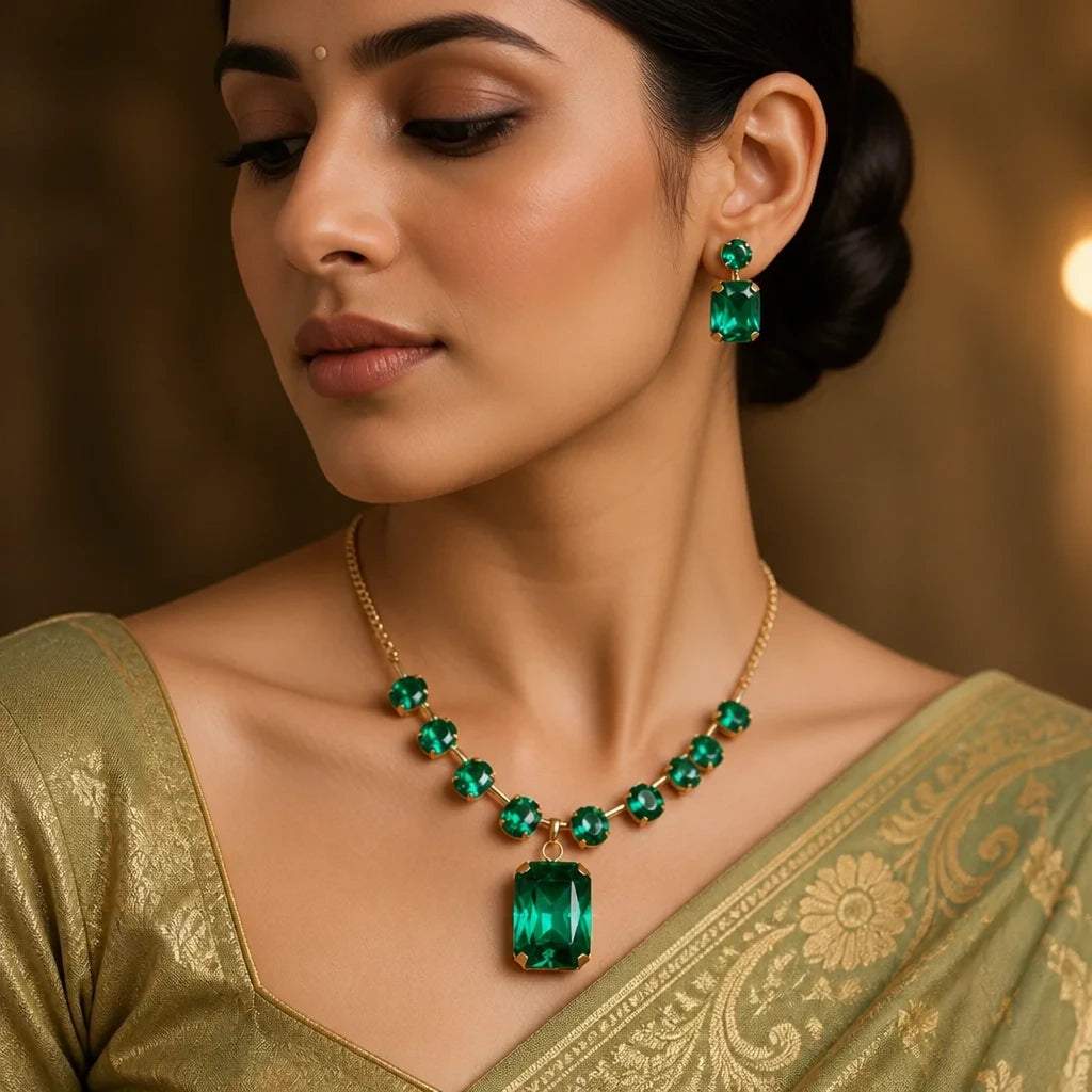 JWELLIX Anti-Tarnish Emerald Necklace Set With Earrings