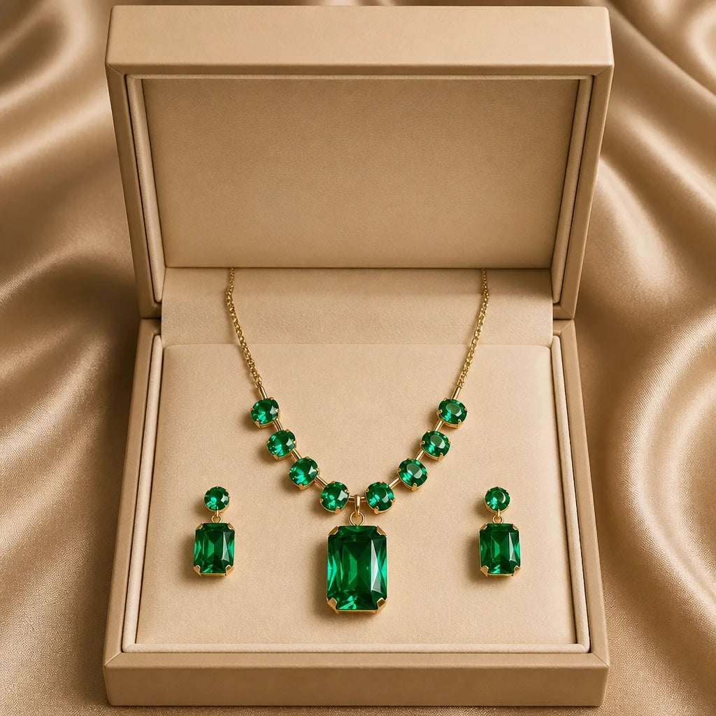 JWELLIX Anti-Tarnish Emerald Necklace Set With Earrings