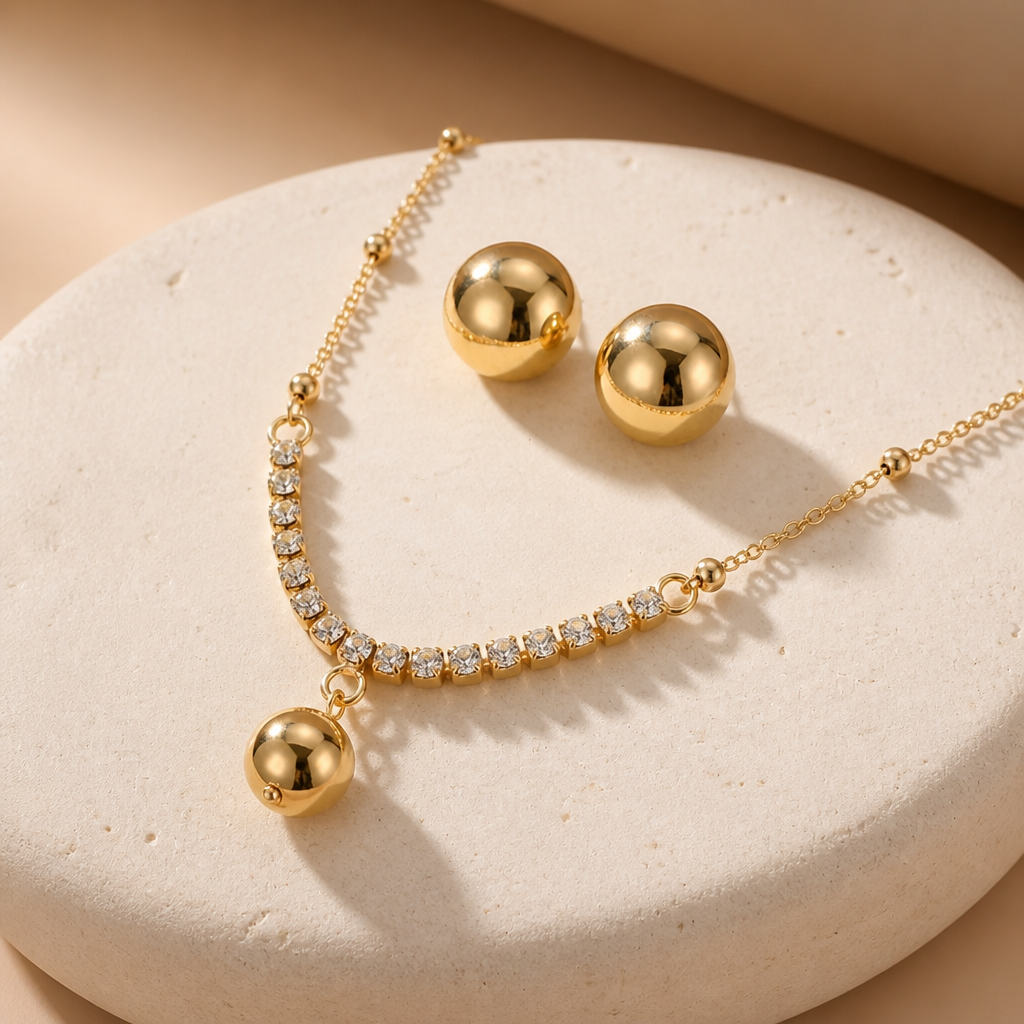JWELLIX Anti-Tarnish Golden Crystal Pendant Necklace Set with Stud Earrings