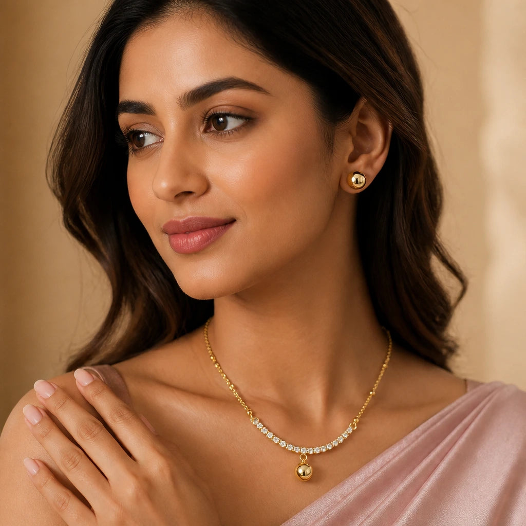 JWELLIX Anti-Tarnish Golden Crystal Pendant Necklace Set with Stud Earrings