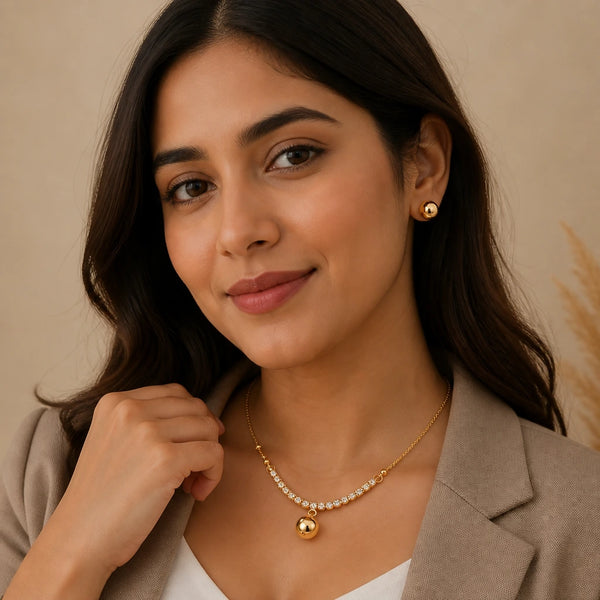 JWELLIX Anti-Tarnish Golden Crystal Pendant Necklace Set with Stud Earrings