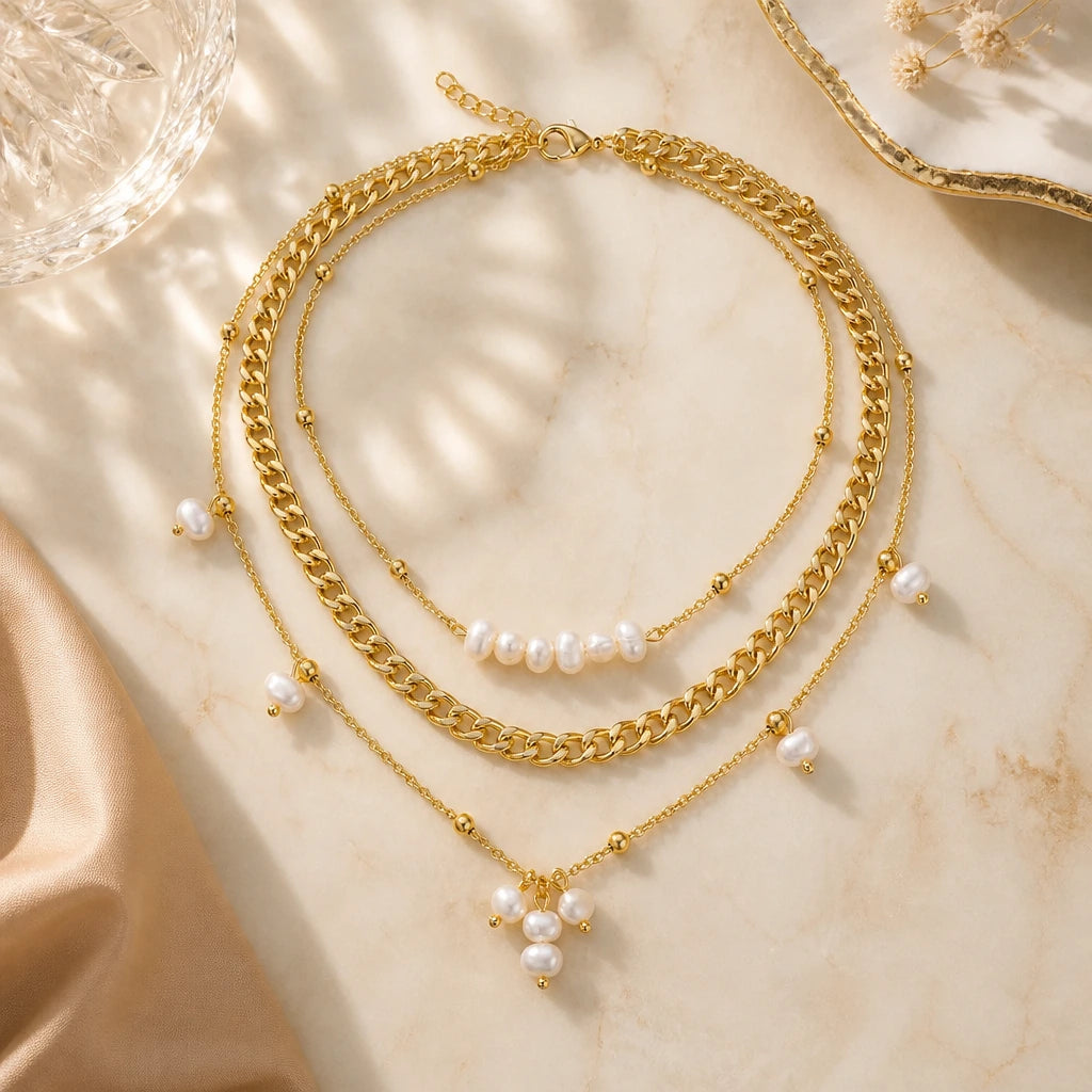 JWELLIX Anti-Tarnish Layered Pearl Chain Necklace for Women