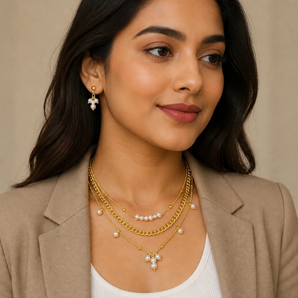 JWELLIX Anti-Tarnish Layered Pearl Chain Necklace for Women