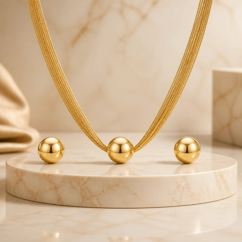 JWELLIX Anti-Tarnish Gold Bead Necklace Set with Matching Stud Earrings