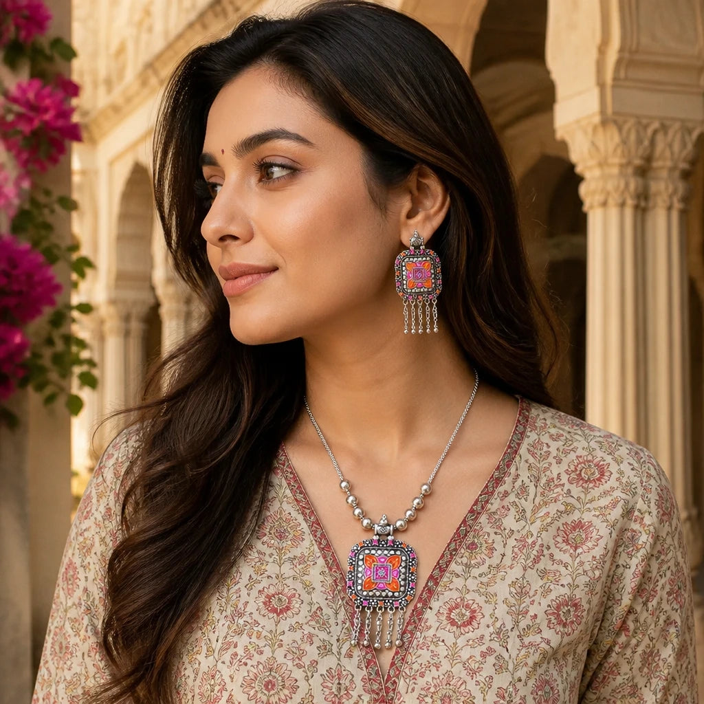 JWELLIX Ethnic Rangriti Oxidized Pendant Necklace