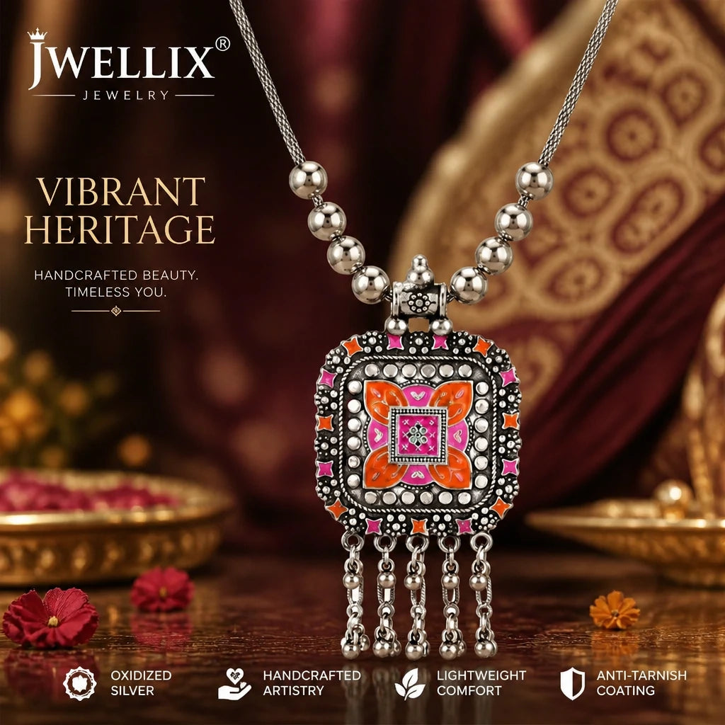 JWELLIX Ethnic Rangriti Oxidized Pendant Necklace