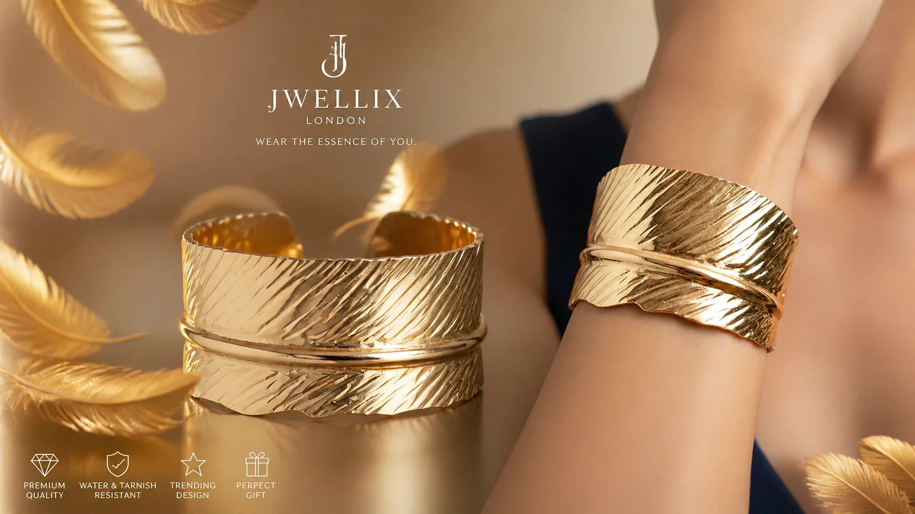 JWELLIX Golden Feather Luxe Cuff Bracelet