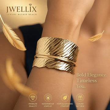 JWELLIX Golden Feather Luxe Cuff Bracelet