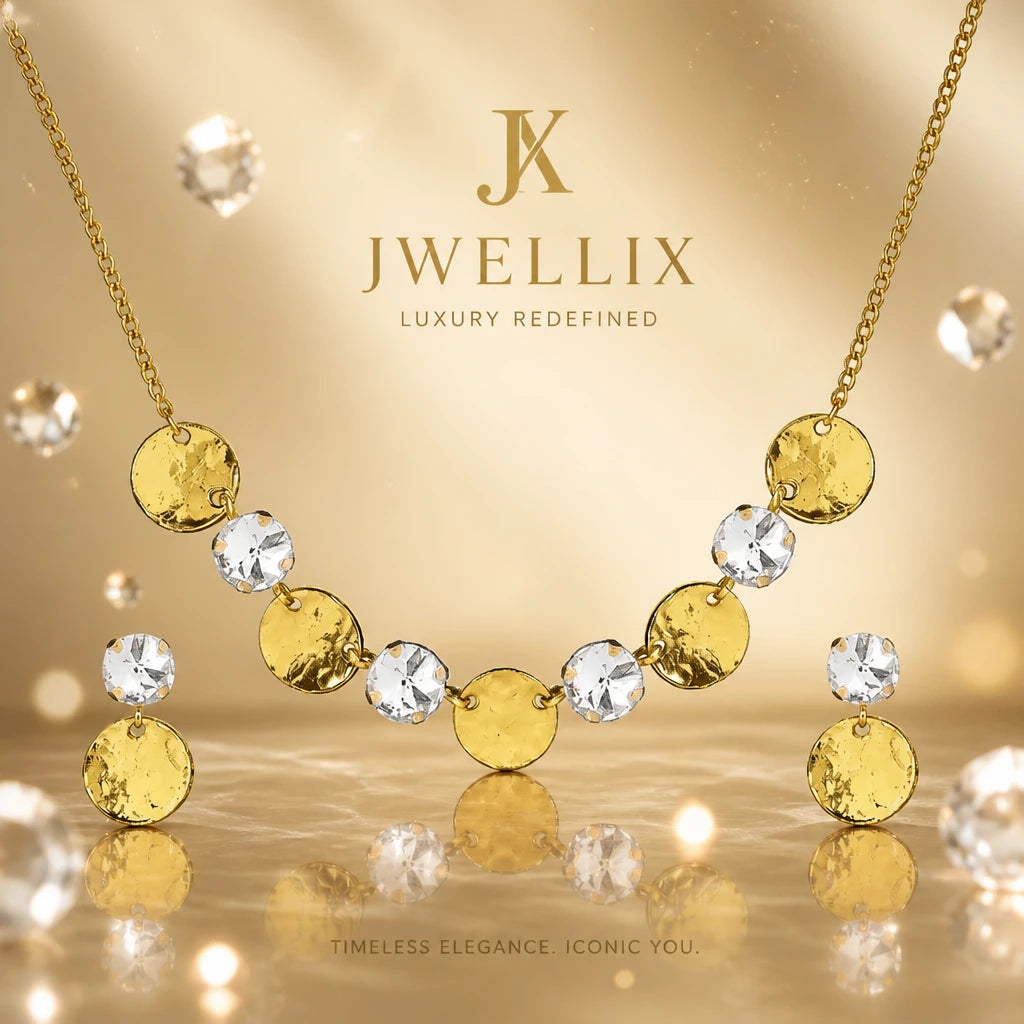 JWELLIX Golden Crystal Disc Necklace & Earrings Set