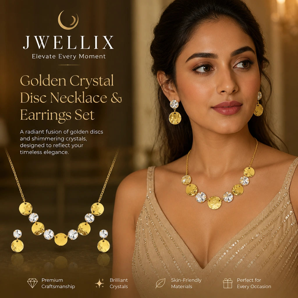 JWELLIX Golden Crystal Disc Necklace & Earrings Set