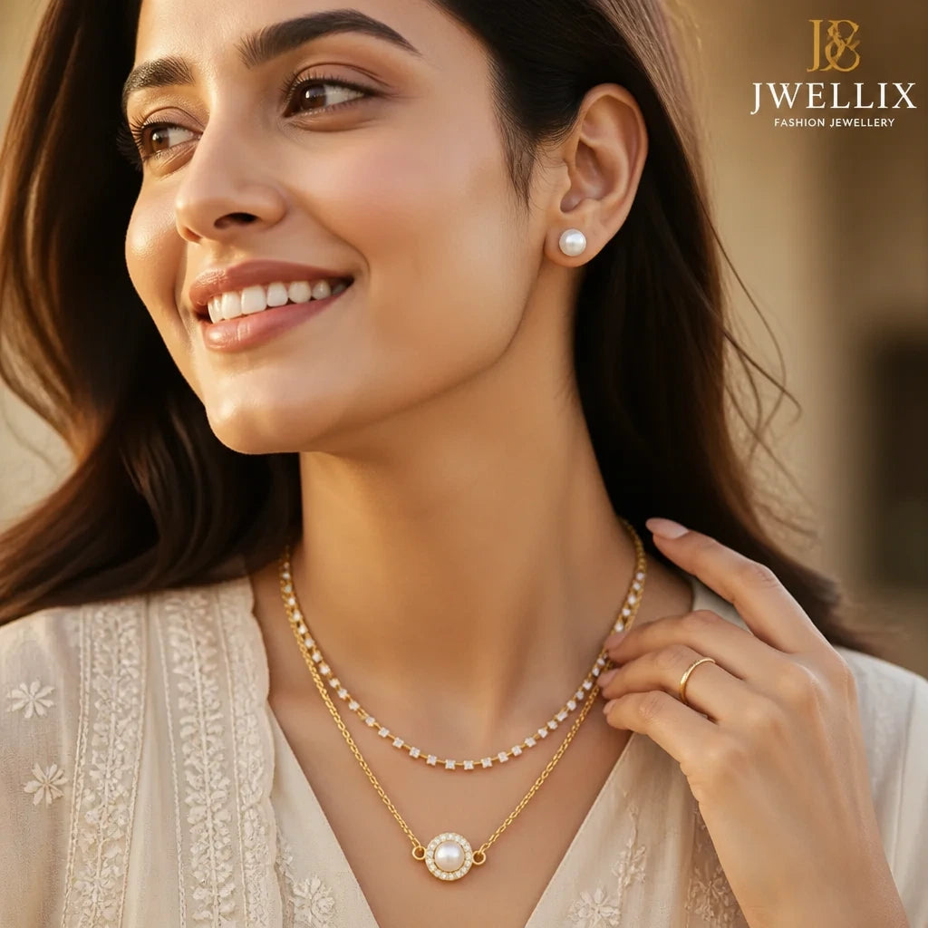 JWELLIX  Anti-Tarnish Double Layer Pearl Necklace & Stud Earrings Set