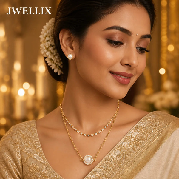 JWELLIX  Anti-Tarnish Double Layer Pearl Necklace & Stud Earrings Set