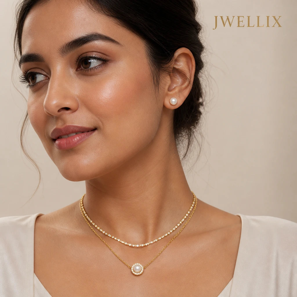JWELLIX  Anti-Tarnish Double Layer Pearl Necklace & Stud Earrings Set