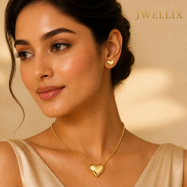JWELLIX Anti-Tarnish Heart Pendant Necklace & Heart Stud Earrings Set