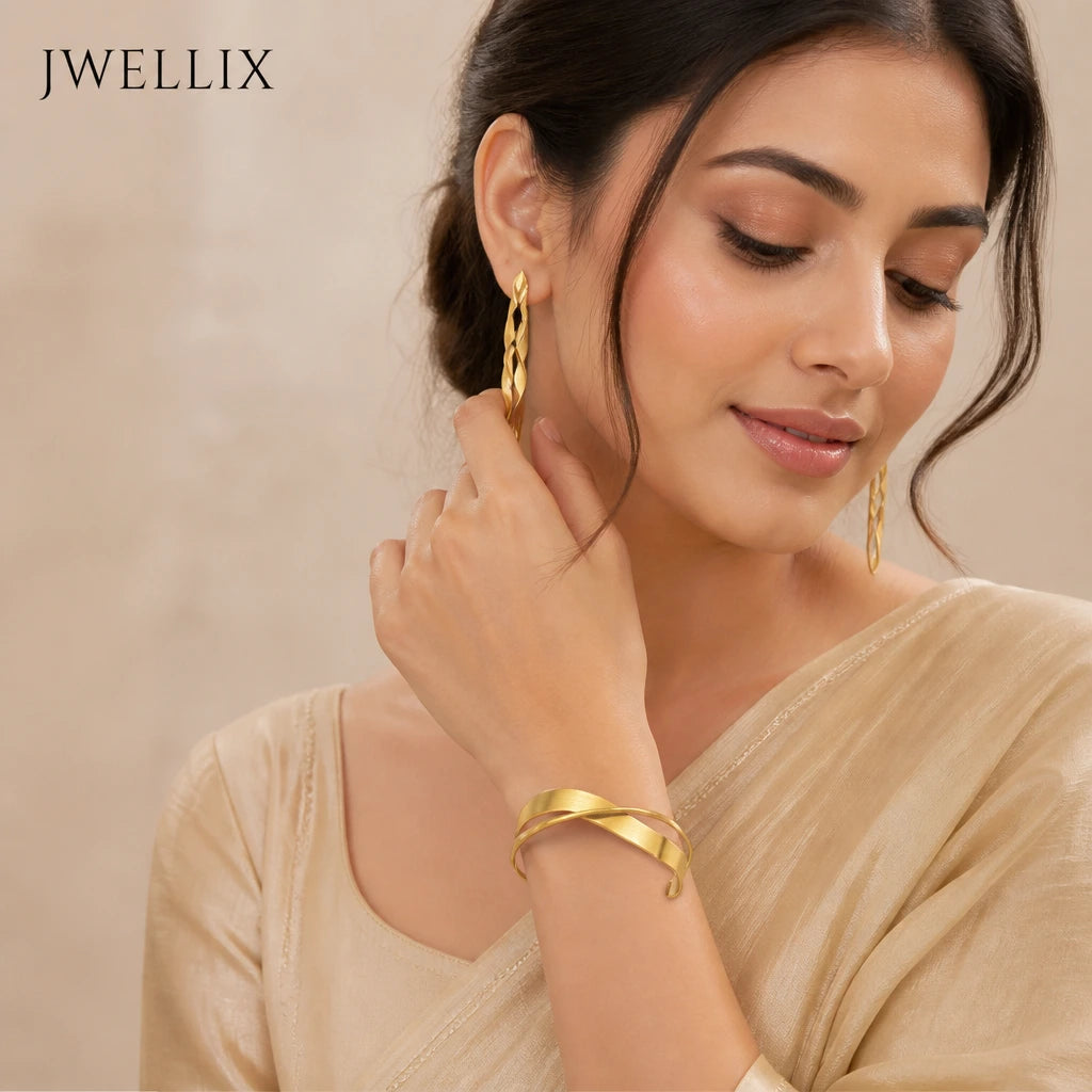 JWELLIX Anti-Tarnish Gold Crossover Cuff Bracelet