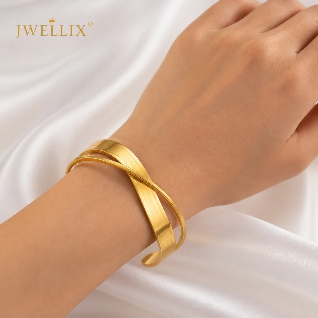 JWELLIX Anti-Tarnish Gold Crossover Cuff Bracelet