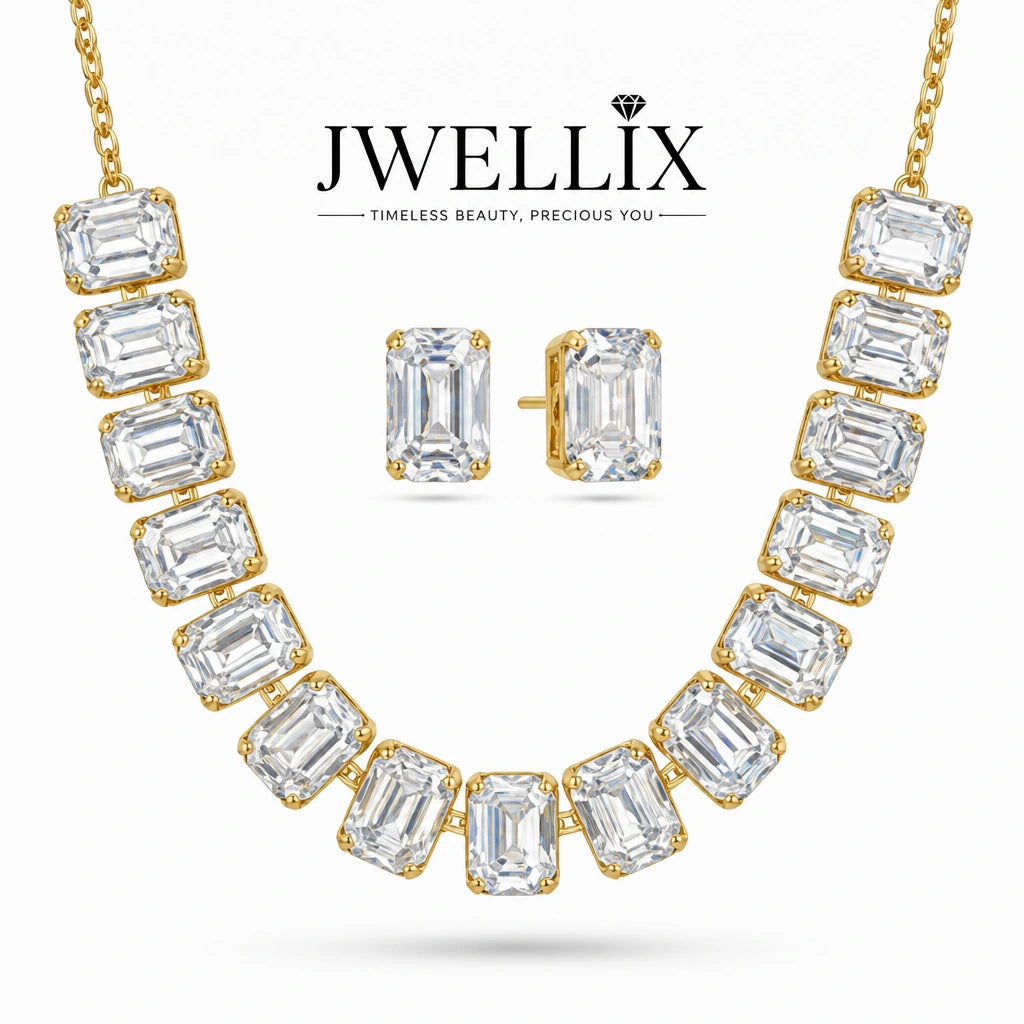 JWELLIX Anti-Tarnish Sparkling Cut Crystal Necklace & Stud Earrings Set