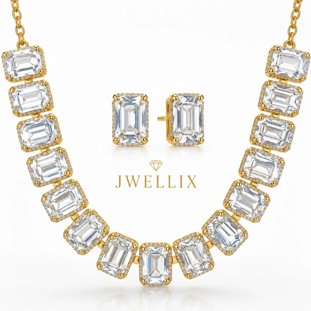 JWELLIX Anti-Tarnish Sparkling Cut Crystal Necklace & Stud Earrings Set