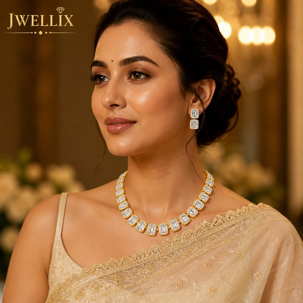 JWELLIX Anti-Tarnish Sparkling Cut Crystal Necklace & Stud Earrings Set