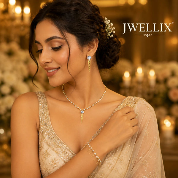 JWELLIX Gold-Tone Crystal Drop Necklace & Earrings Set