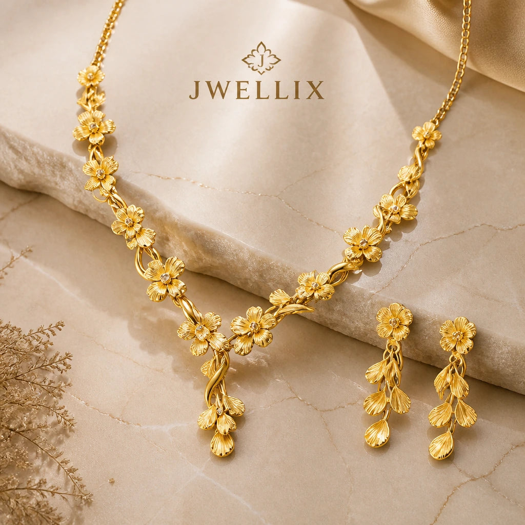 JWELLIX Regal Blossom Gold-Tone Floral Necklace & Earrings Set