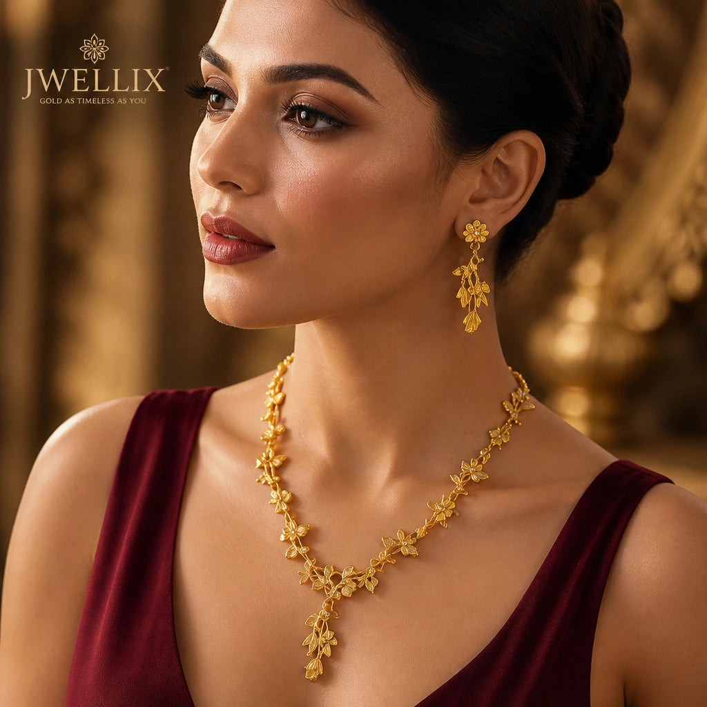 JWELLIX Regal Blossom Gold-Tone Floral Necklace & Earrings Set