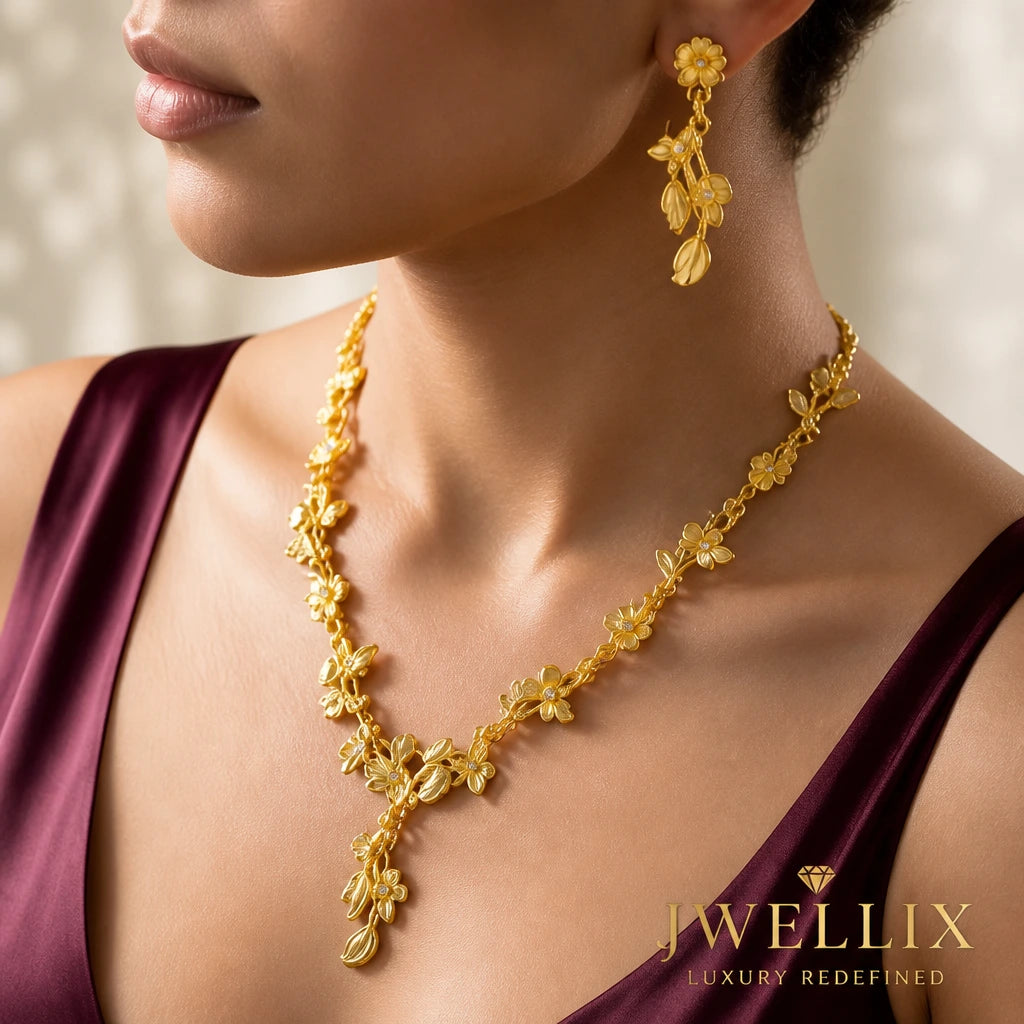 JWELLIX Regal Blossom Gold-Tone Floral Necklace & Earrings Set