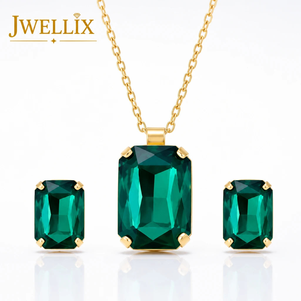 JWELLIX Emerald Royale Green Crystal Pendant Necklace Set
