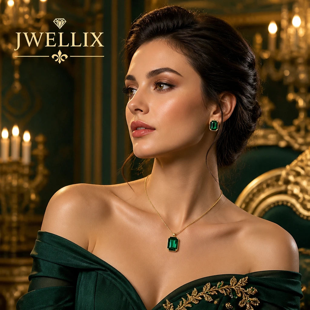 JWELLIX Emerald Royale Green Crystal Pendant Necklace Set