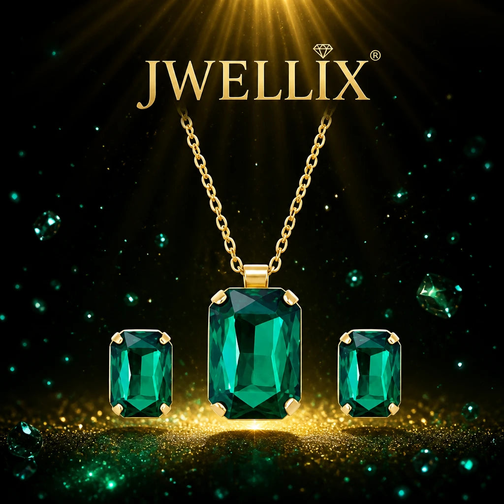 JWELLIX Emerald Royale Green Crystal Pendant Necklace Set