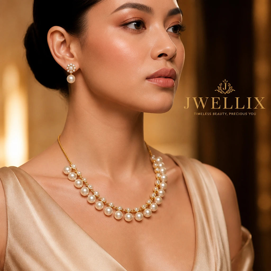 JWELLIX Pearl Radiance Gold-Tone Statement Necklace Set