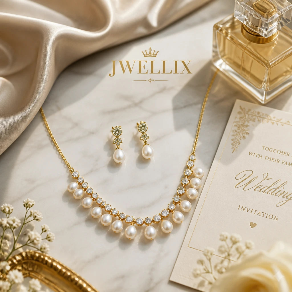 JWELLIX Pearl Radiance Gold-Tone Statement Necklace Set